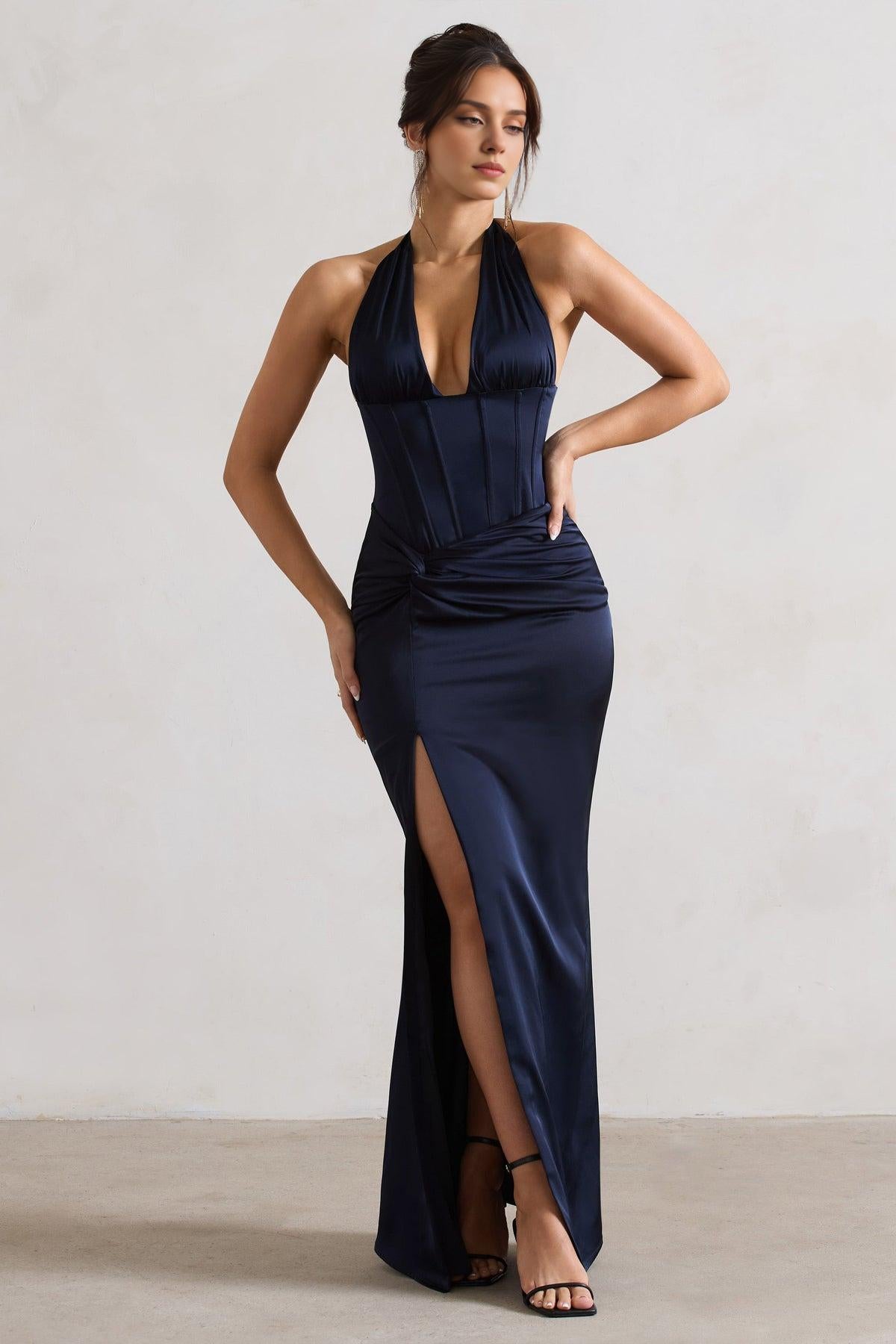 Robe Weitese Champagne Satin Style Corset Maxi Robe Avec Jupe Portefeuille Robe De Bal Dos Nu Col V Profond Avec Fente Latérale Robe De Demoiselle D'honneur